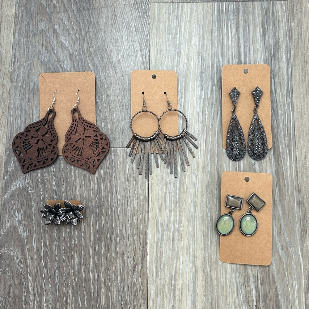 Lot of 5 Gunmetal and Wood Earrings